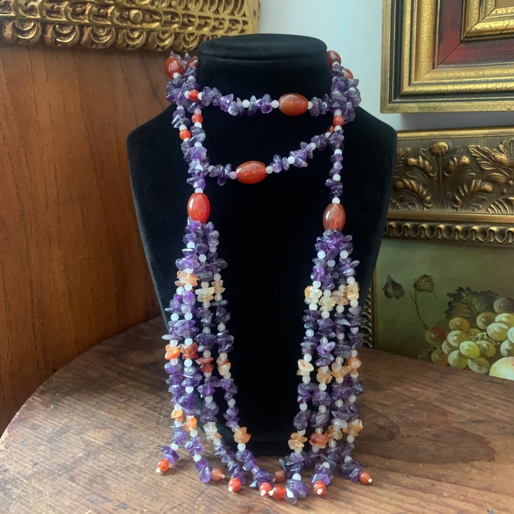 Vintage Wrap Lariat Tassel Necklace Amethyst Carnelian Rose Quartz 52″ Estate