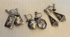 Vintage Siam Sterling Silver Niello Enamel Screw Back Earrings Dangle Drop LOT 3