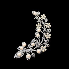 Monet Large Black Rhinestone & Faux Pearl Flower Spray Brooch Silver Tone 3.5″