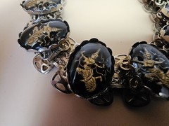 Vintage Siam Thai Dancer Panel Bracelet Black Glass Intaglio 7″ Wide…