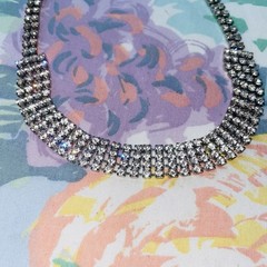 Vintage 1950s Clear Glass Rhinestone Choker Necklace Silver Tone 15.5 Inches