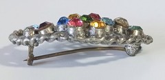 Antique Silver-tone Oval Flower Basket Brooch w/ Multicolor Gemstones, C-clasp