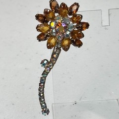 Vintage Brooch Brown Rhinestone Flower AB Stem Daisy MCM 50s 60s
