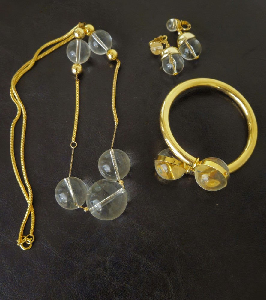 Vtg Lucite Clear Bubble Bobble Costume Gold Necklace Earring Bracelet SET MCM