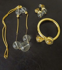 Vtg Lucite Clear Bubble Bobble Costume Gold Necklace Earring Bracelet SET MCM