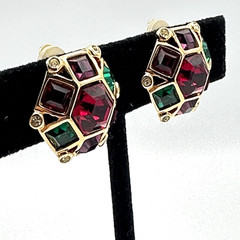 SWAROVSKI vintage earrings – hexagon clip-ons – gold & jewel-tone crystals swan