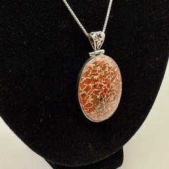 Vintage Fossilized Red Dinosaur Bone Cabochon Sterling Silver Pendant