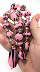 Vintage Glass Necklace Pink Black Art Glass Beaded Pendant 18 Inch