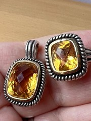 MICHELLE ALBALA LARGE CITRINE QUARTZ RING & PENDANT NECKLACE ENHANCER SET 925 SS