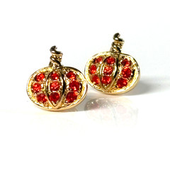 Vintage Avon Gold Tone Pumpkin Earrings Orange Rhinestone Fall Autumn – 1997