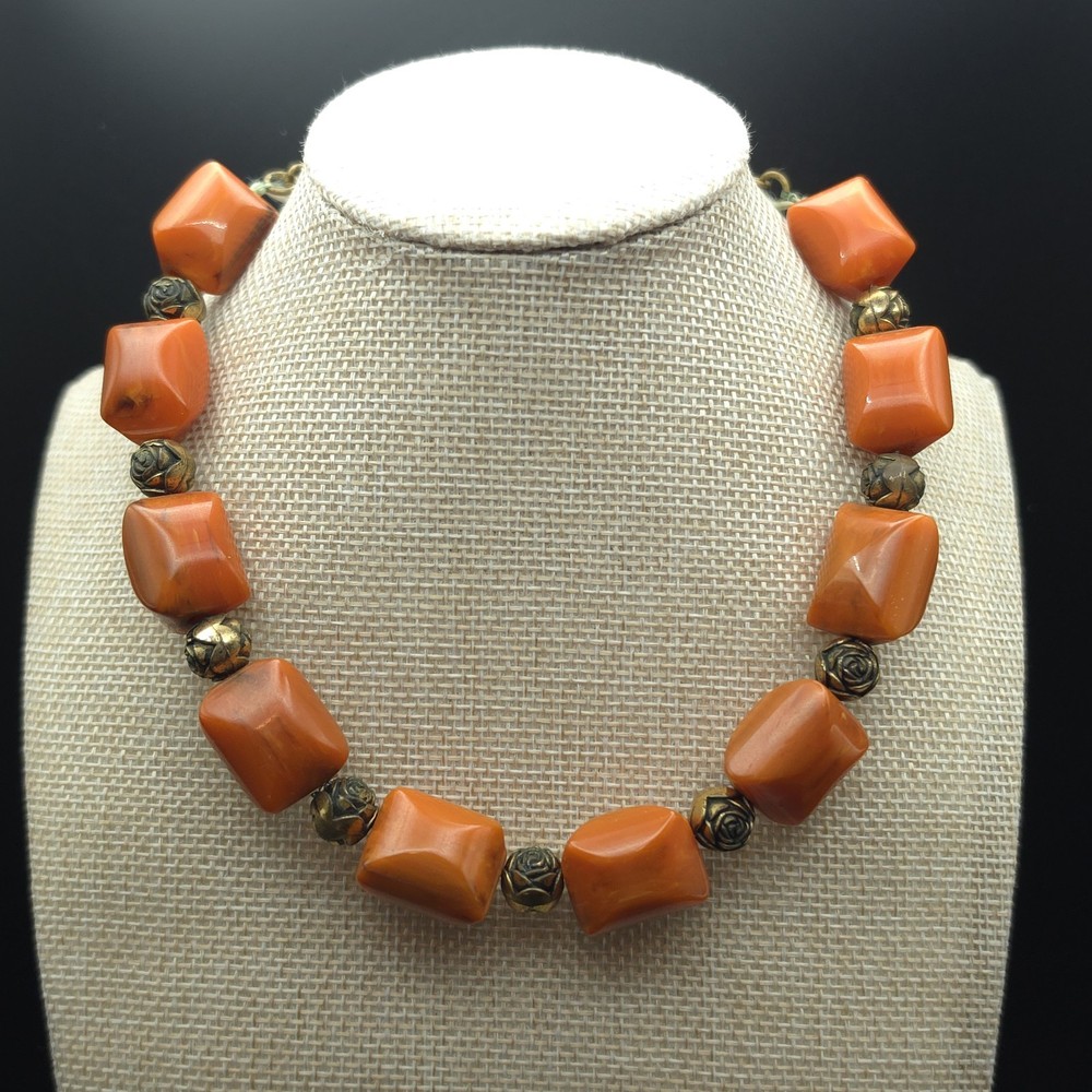 Vintage Orange Amber Bakelite Chunky Geometric Floral Bead Necklace Tested 15.5″