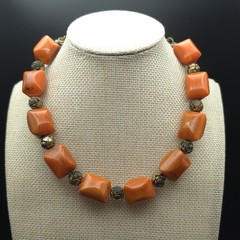 Vintage Orange Amber Bakelite Chunky Geometric Floral Bead Necklace Tested 15.5″