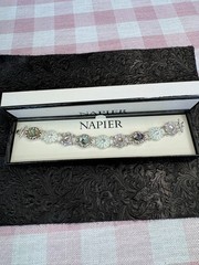 Vintage Napier Abalone Glass Jeweled Rhinestone Enamel 7” Silver Tone Bracelet