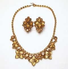 Signed Vintage Antique EDLEE DEMI PARURE brown floral Molded Glass Rhinestones