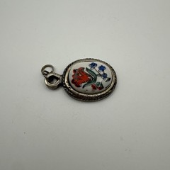 Vintage Ceramic Floral Pendant Silver Tone