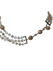 Vintage Mid-Century 3-Strand Beaded Gold Clear AB Acrylic Necklace 15 inch Japan
