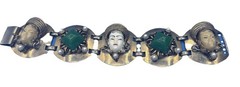 Vintage Sculpted Face Pendant Necklace & Green Stone Bracelet Set