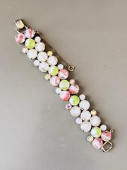 Vintage Signed HOBE’ Bracelet & Earring Set, White & Pink Givre Glass Stones