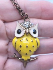 Vintage Bronze Chain Necklace With Owl Enamel Rhinestone Pedant 32in.