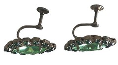 Vtg Vasaline Uranium Glass Screw Back Earings Marquise Shape w/ Green Gemstones