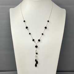 Glass Bead Necklace Black Clear Station Lariat Silver Tone Chain Collar 20″
