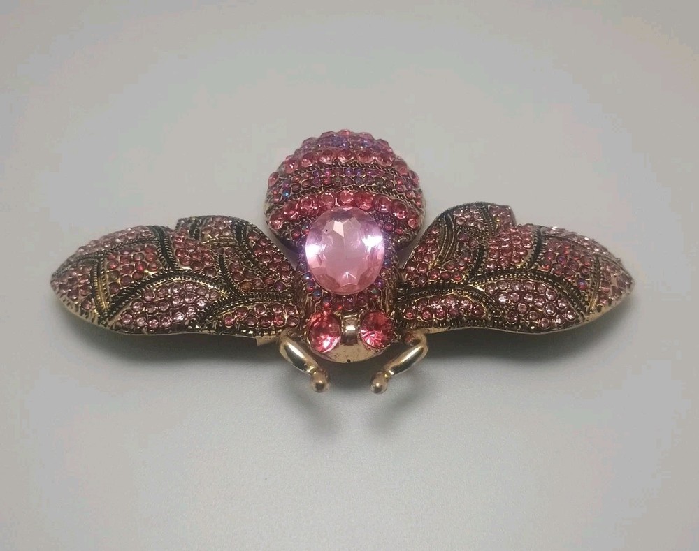 Large Pink Honey Bee Brooch Bling Statement Contemporary 4″ Flying Wing Span