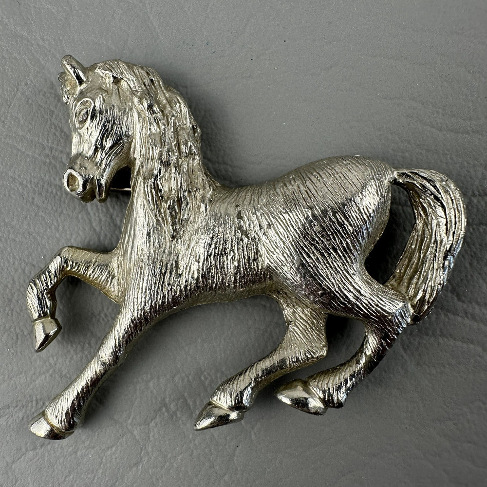 Vintage Horse Brooch Silver Tone Prancing Stallion Equestrian Western Figural