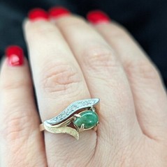 Vintage 1960s Jade Diamonds 14k Yellow White Gold Statement Ring Retro Mid Cent.
