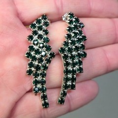 VTG Sterling Emerald Green Rhinestone Earrings Chandelier Waterfall Design 925