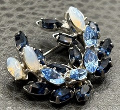 Vintage Two Tone Blue Crystal and Faux Opalite Rhinestone Wreath Brooch