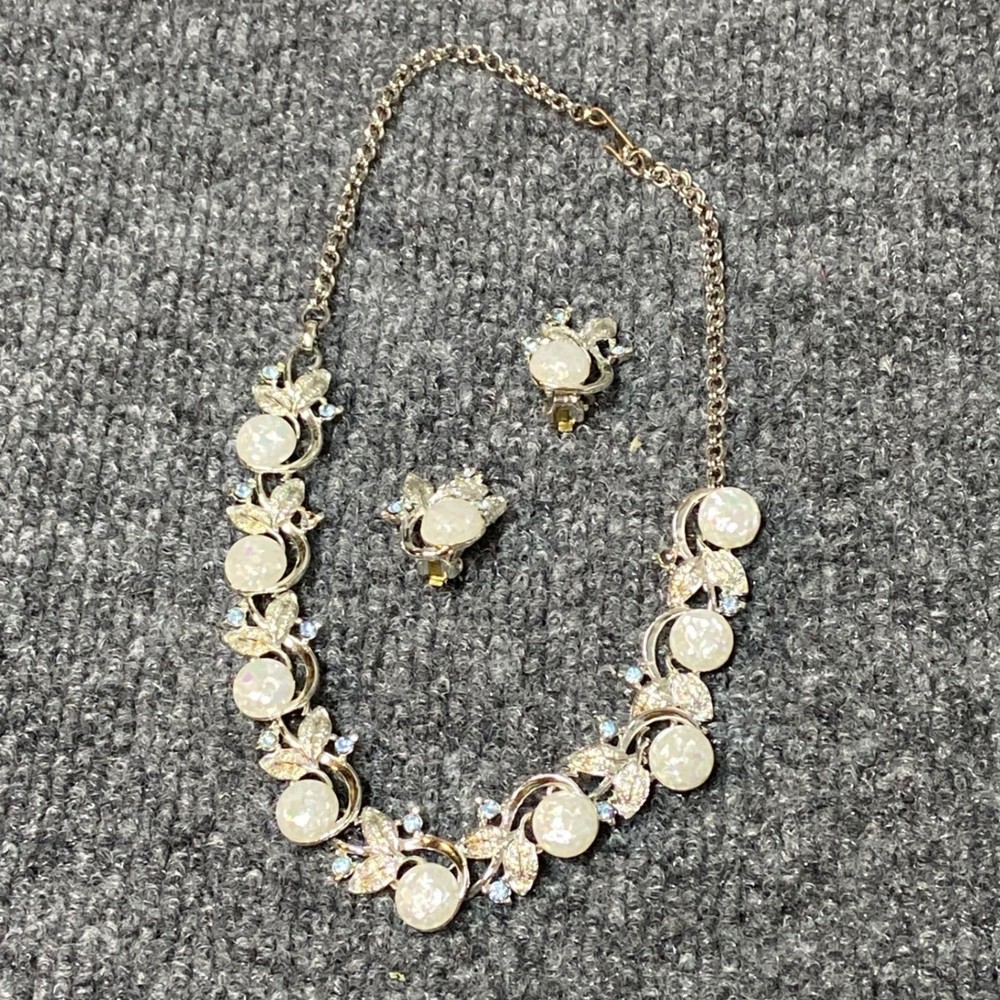 Vintage Silver Tone Necklace and Clip On Earrings White AB Iridescent Rhinestone