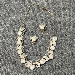 Vintage Silver Tone Necklace and Clip On Earrings White AB Iridescent Rhinestone