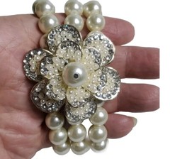 Large Bracelet Rhinestone & Faux Pearl 3 Strand Stretchable Bracelet Silver Tone