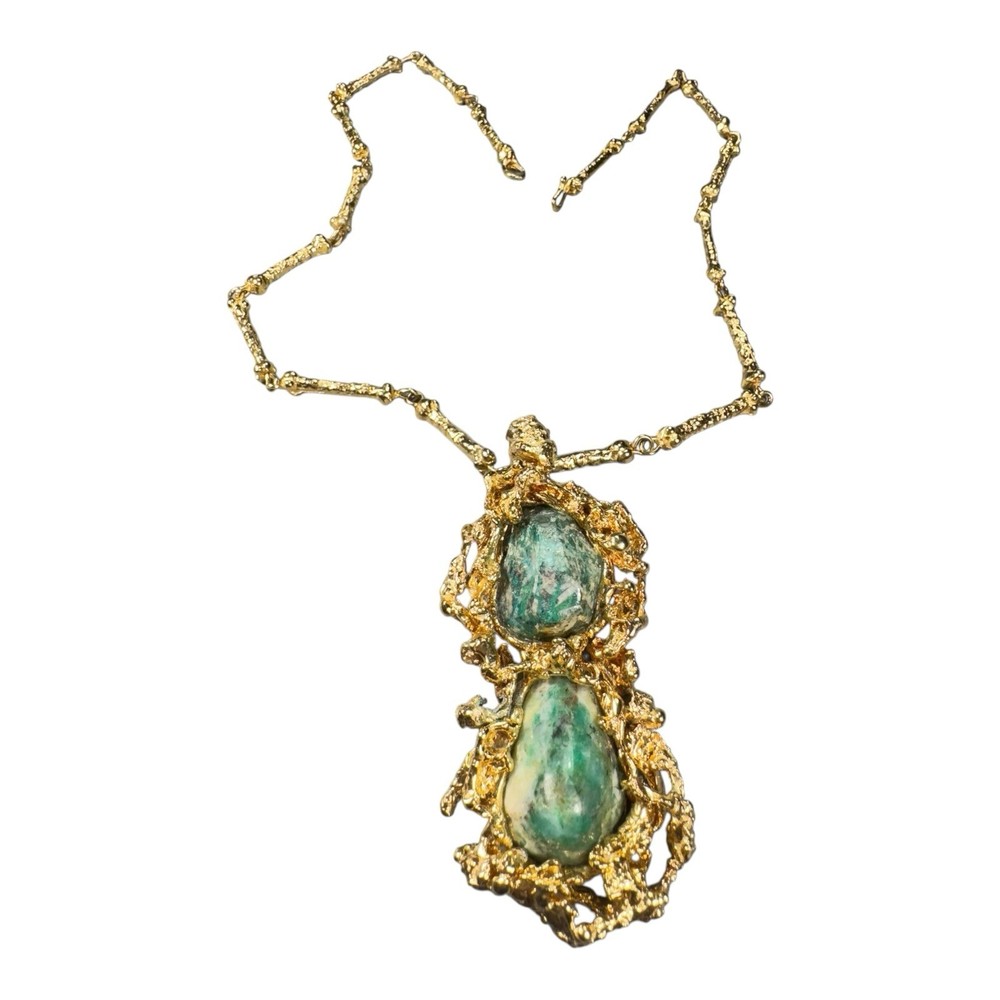 Vintage Brutalist Gold-Tone Necklace Organic Twig Chain w/ Green Stone Pendant
