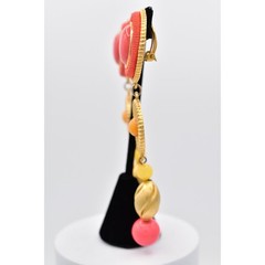 Vintage Statement Dangle Earrings Coral Orange Brushed Gold Beaded Chunky BinBK
