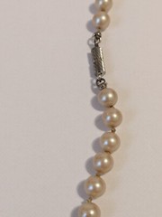 Faux Pearl Vintage Hand Knotted Necklace. Champagne. Barrel Closure 15″.