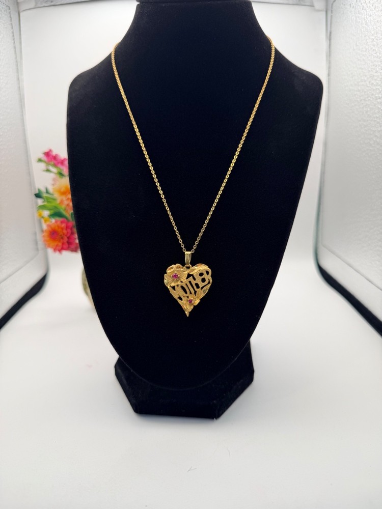 Vtg. MOTHER Heart Pendant Necklace Gold Tone Pink Rhinestones 17in Mother’s Gift