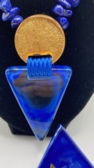 Vintage Lapis Stone nuggets Beaded Necklace W/ Triangle pendant & Brooch