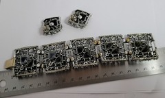 Wide Rhinestone Panel Bracelet 5 link & Earrings Set ab black rhinestones vtg