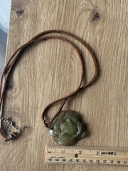 Vintage Tica Rosa Green Carved Stone Flower Pendant Necklace Brown Leather Cord