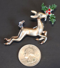 Vintage Leaping Reindeer with Holly Leaves & Berry Brooch Pin 2.75″ x 1.75″