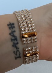 Vintage 4 Strand Faux Pearl Goldtone Tension Cuff Bracelet 7.5 in