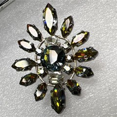 Vintage Watermelon Rhinestone Brooch Pin Faceted Sunburst Silver Tone