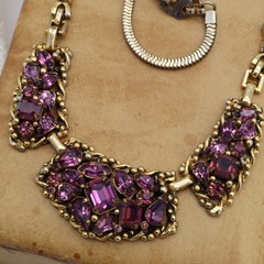 Vtg Barclay Purple Amethyst Rhinestone Gold Tone Necklace Choker Mesh Bib Signed