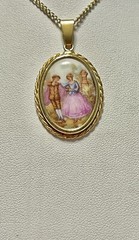 Vintage Mid Century Mod Limoges Courting Couple Lovers Filigree Setting Pendant