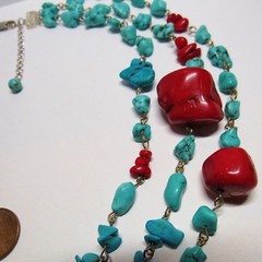 Blue Turquoise Red Coral Nugget 3 Strand Adjustable Length Western Necklace