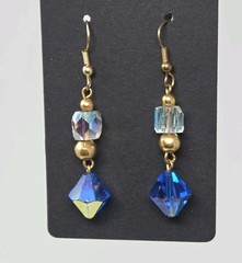 Blue & Clear AB Crystal Dangle Drop Earrings Gold Tone Accents Vintage 2 Inches