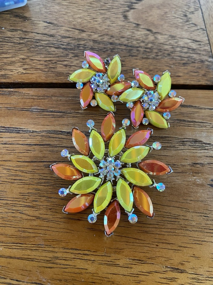 Silver Tone Flower Brooch & Earrings Set Yellow Orange Clear Rhinestones