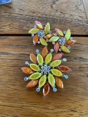 Silver Tone Flower Brooch & Earrings Set Yellow Orange Clear Rhinestones