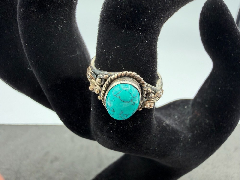 3.02g Vintage Sterling Silver 925 Ring Oval Turquoise Teal Rope Size 8 M
